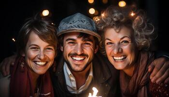 ai gerado jovem adultos desfrutando uma Diversão festa, sorridente e olhando às Câmera gerado de ai foto