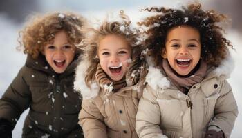 ai gerado sorridente meninas jogando dentro a neve, desfrutando inverno juntos gerado de ai foto