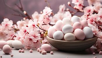 ai gerado primavera celebração Rosa flores, fresco comida, fofa animal ovos gerado de ai foto