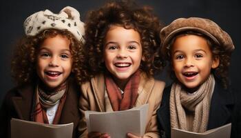 ai gerado sorridente meninas e Rapazes, alegre e bonitinho, olhando às Câmera gerado de ai foto