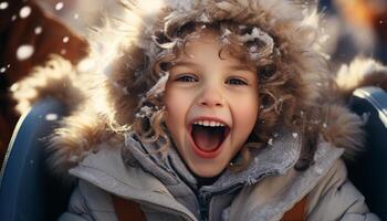 ai gerado sorridente criança goza inverno ao ar livre, jogando dentro a neve gerado de ai foto
