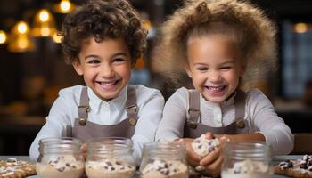 ai gerado sorridente meninas cozimento, alegre Rapazes preparando doce Comida dentro de casa gerado de ai foto