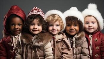 ai gerado sorridente crianças dentro inverno, fofa retrato do alegre amizade gerado de ai foto