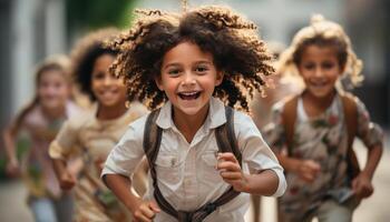 ai gerado sorridente meninas e Rapazes, alegre infância, felicidade dentro Educação gerado de ai foto