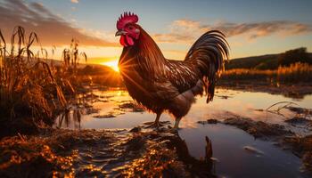 ai gerado pôr do sol sobre uma rural fazenda, uma galo cantando às alvorecer gerado de ai foto