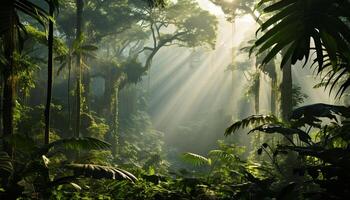 ai gerado brilhante verde Palma árvores dentro uma tropical floresta tropical panorama gerado de ai foto