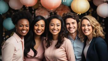 ai gerado sorridente mulheres dentro alegre celebração, olhando às Câmera com alegria gerado de ai foto