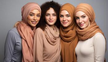 ai gerado sorridente mulheres dentro hijab, beleza e felicidade dentro 1 retrato gerado de ai foto
