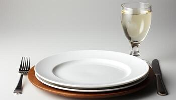 ai gerado uma limpar, elegante mesa configuração com talheres, louça, e vinho gerado de ai foto