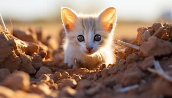 ai gerado fofa gatinho jogando dentro a grama, encarando às a Sol gerado de ai foto