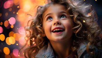 ai gerado sorridente meninas apreciar alegre inverno noite, olhando às Câmera gerado de ai foto