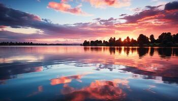 ai gerado tranquilo pôr do sol reflete em água, natureza beleza dentro vibrante cores gerado de ai foto