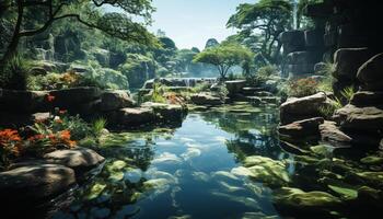 ai gerado tranquilo cena verde paisagem, fluindo água, tropical floresta tropical, refletindo beleza gerado de ai foto