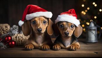 ai gerado fofa cachorro olhando às Câmera, a comemorar com pequeno presente gerado de ai foto