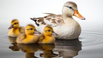 ai gerado fofa patinho com fofo amarelo penas goza a lagoa gerado de ai foto