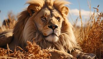 ai gerado majestoso leão em repouso dentro a grama, olhando às a pôr do sol gerado de ai foto