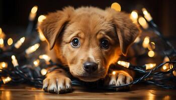 ai gerado fofa cachorro sentado de Natal árvore, olhando às Câmera gerado de ai foto