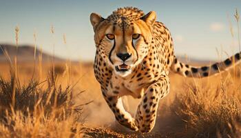 ai gerado majestoso guepardo caminhando dentro africano savana, beleza dentro natureza gerado de ai foto