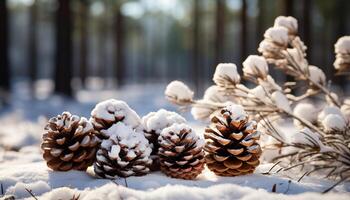 ai gerado inverno floresta, neve coberto pinho árvores, natureza lindo decoração gerado de ai foto