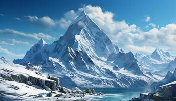 ai gerado majestoso montanha faixa, neve coberto picos, tranquilo água, e azul céu gerado de ai foto
