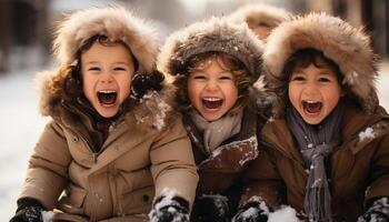 ai gerado sorridente crianças jogando dentro a neve, desfrutando inverno alegre Diversão gerado de ai foto