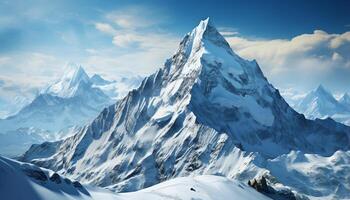 ai gerado majestoso montanha faixa, coberto de neve picos, tranquilo floresta, idílico inverno gerado de ai foto