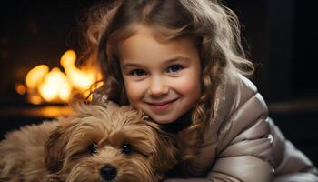 ai gerado fofa criança sorridente, abraçando brincalhão filhote de cachorro, puro alegria e felicidade gerado de ai foto