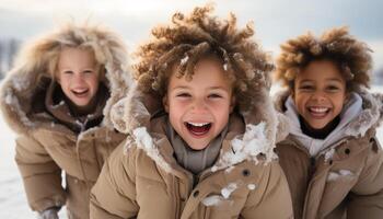 ai gerado sorridente meninas jogando dentro a neve, alegre inverno Diversão ao ar livre gerado de ai foto