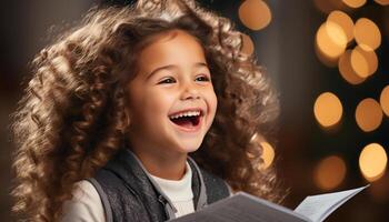 ai gerado sorridente criança, felicidade, fofa garota, encaracolado cabelo, alegre Educação gerado de ai foto