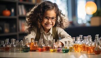 ai gerado sorridente cientista menina estudando química, descobrindo felicidade dentro laboratório gerado de ai foto