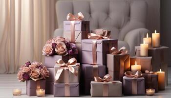 ai gerado luxo presente caixa ilumina romance dentro moderno, elegante celebração gerado de ai foto