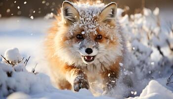 ai gerado fofa cachorro jogando dentro a neve, alegre e alegre gerado de ai foto