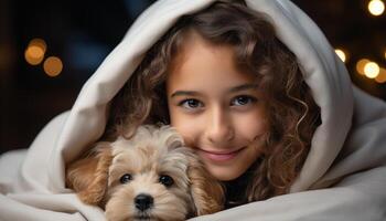 ai gerado fofa cachorro e criança sorridente, pequeno animais de estimação trazer felicidade gerado de ai foto