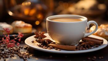 ai gerado quente café em de madeira mesa, espumoso cappuccino com chocolate gerado de ai foto