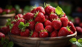 ai gerado frescor do maduro morango, orgânico baga fruta em de madeira mesa gerado de ai foto