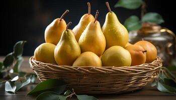 ai gerado uma saudável, orgânico fruta tigela em uma rústico de madeira mesa gerado de ai foto