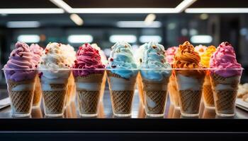 ai gerado ampla grupo do gelo creme cones dentro vários sabores gerado de ai foto