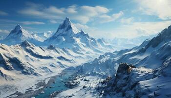 ai gerado majestoso montanha pico, tranquilo cena, congeladas beleza dentro natureza gerado de ai foto