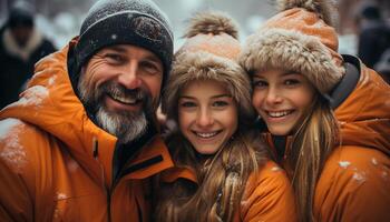 ai gerado uma alegre família abraça, sorridente dentro inverno frio ao ar livre gerado de ai foto