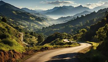 ai gerado tranquilo Prado, verde montanhas, enrolamento estrada, desaparecimento para dentro pôr do sol gerado de ai foto