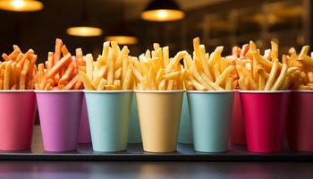 ai gerado uma pilha do fritas, refeição em mesa, refrescante beber gerado de ai foto