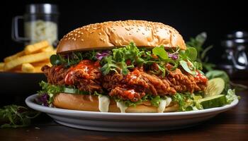 ai gerado grelhado carne hamburguer em gourmet pão com fresco tomate gerado de ai foto