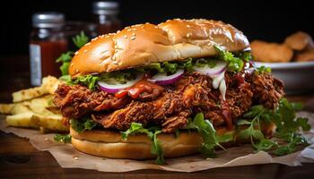 ai gerado grelhado carne hamburguer com cebola, tomate, e queijo em pão gerado de ai foto