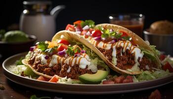 ai gerado grelhado carne taco com fresco tomate e guacamole gerado de ai foto