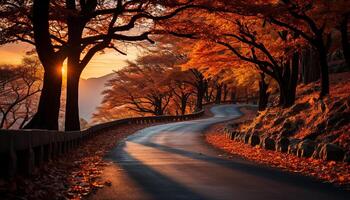 ai gerado outono árvore, floresta paisagem, amarelo folha, luz solar beleza gerado de ai foto