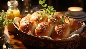 ai gerado recentemente cozido pão em uma de madeira placa, pronto para comer gourmet refeição gerado de ai foto