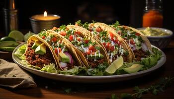 ai gerado caseiro taco carne, guacamole, tomate, coentro, queijo, tortilha, frescor gerado de ai foto