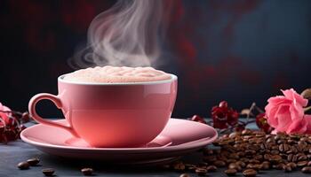 ai gerado fresco café feijão bebida, calor e vapor em rústico madeira mesa gerado de ai foto