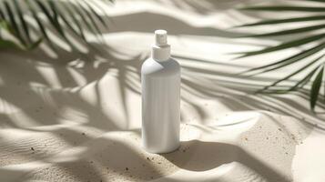 ai gerado em branco branco garrafa Cosmético cuidados com a pele Maquiagem containers para produtos apresentação em branco areia de praia foto