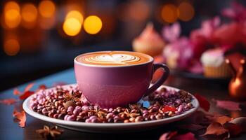 ai gerado quente café em de madeira mesa, espumoso cappuccino com chocolate decoração gerado de ai foto